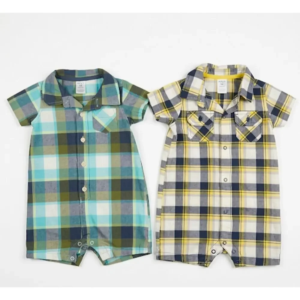 Carter’s Plaid Baby Boys 100% Cotton Romper Bundle 18M | Blue & Yellow